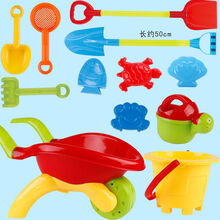 儿童沙滩玩具套装宝宝戏水玩沙子决明子沙漏玩沙挖沙大号铲子工具 红色大号推车12件套