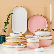冠朴 碗碟套装家用创意金边碗盘景德镇陶瓷餐具北欧网红碗筷饭碗盘子 六人食37件套{粉白混搭}