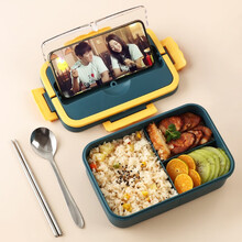 餐将军 微波炉饭盒 便当盒大容量分格学生饭盒塑料饭盒  餐盒带分隔配餐具 便当盒【蓝色】（基础必备款）