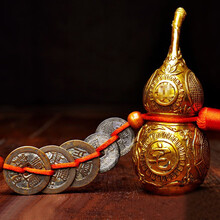 泰山祥云阁 黄铜葫芦挂件 中国结五帝钱六帝钱摆件卧室家居装饰挂件 工艺礼品 加强葫芦真品五帝钱