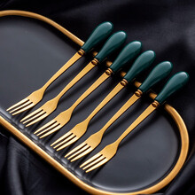 onlycook 北欧ins风水果叉套装 甜品叉陶瓷手柄304不锈钢叉子收纳桶 6支绿色手柄水果叉