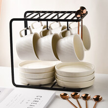 SUCCO日式复古条纹咖啡杯套装带托盘家用竖纹拉花拿铁杯碟陶瓷杯子茶杯水杯马克杯早餐杯下午茶茶具 奶白色6杯碟勺（黑U架）