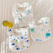 夏季薄款宝宝口水巾围兜新生儿防吐奶纯棉纱布围嘴婴儿360度旋转 3条(U型防水棉纱)蓝鲸组