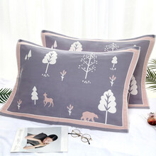 沐凡 纯棉枕巾 情侣家用柔软透气四层纱布枕头巾 一对2条装 午间森林款 浅灰