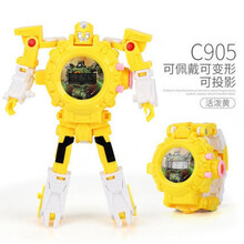 抖音儿童变形金刚手表 儿童变形电子手表金刚玩具学生抖音同款变身机器人手表男生男孩 活泼黄-可投影(可变形)