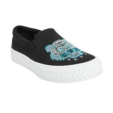 高田贤三 KENZO 女士黑色虎头刺绣图案棉质混纺鞋面一脚蹬休闲鞋滑板鞋 FA6 2SN200 F70 99 37码