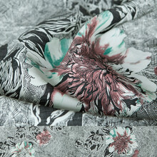 煊缎 真丝麻布 黑白古风印花复古对襟上衣 裙子服装制面料春夏天