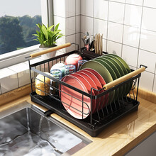 帅仕单层厨房碗架置物架放盘子碗筷沥水收纳盒台面家用洗碗池晾碗碟柜水槽 至臻黑色单层碗架【配接水盘+筷子笼】