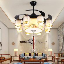 风光伴一生新中式隐形风扇灯客厅餐厅吊扇灯豪华中国风禅意复古风扇吊灯家用led静音电风扇灯一体吊扇 【金色荷花】8灯LED变光+遥控