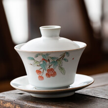 陶艺公社 盖碗 汝窑功夫茶具家用办公可养开片高温烤花三才盖碗泡茶碗 杨梅-195ml