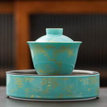 陶艺公社 盖碗 德化白瓷功夫茶具家用办公日式手工描金堆料茶杯泡茶碗 青松蓝盖碗+干泡盘套装