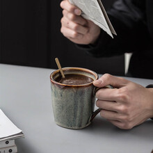 青木尚瓷日式复古咖啡马克杯水杯陶瓷喝水杯子创意个性潮流办公室简约带勺ins家用情侣水杯一对 单个复古窑变杯带勺