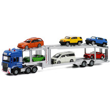 精邦1:50重型卡车儿童合金汽车模型玩具翻斗车高栏车运输车货车油罐车盒装合金快递运输车集装箱加油站 汽车运输车(车头蓝色）（含6辆小车）