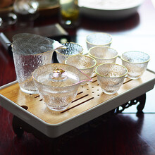日式公道杯玻璃锤纹盖碗日本茶具套装号大容量功夫茶具配件泡茶器 金边盖碗+公道杯+6品杯+白沥水盘