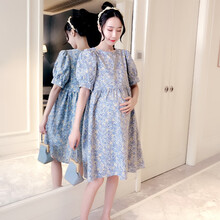 敏潮格伦孕妇装连衣裙时尚辣妈假两件碎花裙显瘦夏季短袖宽松潮妈上衣 蓝色 XXL