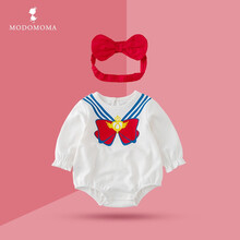 modomoma礼寓新生儿用品婴儿衣服春夏季女宝长袖白色海军风连体衣哈衣爬服 海军风蝴蝶结长哈+发带 59cm【建议0-3个月】