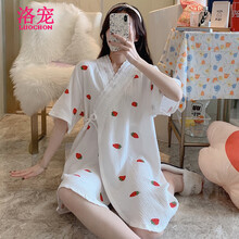 洛宠哺乳睡裙夏季薄款产后纯棉喂奶裙子孕妇睡衣外出连衣裙纱布月子服 AB-9009短袖和服睡裙草莓 L码 100-120斤