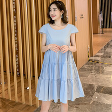 敏潮格伦孕妇夏季连衣裙时尚款女裙子显瘦潮辣妈夏装百搭A字裙短袖 天蓝 3XL