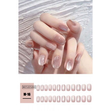 茹诗妮 奶茶纯色方头指甲贴片美甲成品中长款超闪钻日系镶钻裸色假指甲片 M-16