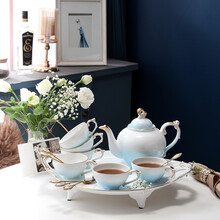 INGRI（英格丽）咖啡杯套装家用轻奢陶瓷下午茶具托盘花茶壶杯碟骨瓷小奢华礼盒装 14件云似海（1大壶6杯6碟1托盘带勺）礼盒装