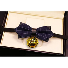 宠物猫狗英伦风复古绅士领结铃铛蝴蝶结项圈猫狗狗饰品 藏蓝方格【亮金五星铃】 M号
