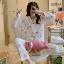 洛宠月子服夏季薄款吸汗纯棉纱布8月份7产后孕妇睡衣春秋喂奶哺乳9产妇10 翻领水蜜桃# L码 110-130斤