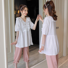 伊沐纯孕妇装夏装时尚孕妇短袖上衣衬衫托腹裤两件套装潮妈怀孕期外穿 白色套装 XL