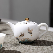 领艺 白瓷三才盖碗茶杯陶瓷家用单个手抓大号复古手绘风泡茶碗 祥鹤观海茶壶(亮光)
