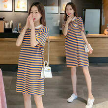 苒琦妈咪孕妇装夏装连衣裙学院风潮妈翻领减龄中长款显瘦条纹夏天T恤上衣 橘色条纹 L