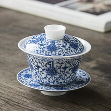 言殊 薄胎青花白瓷盖碗 三才子功夫茶具茶碗羊脂玉敬茶碗 青花初夏盖碗