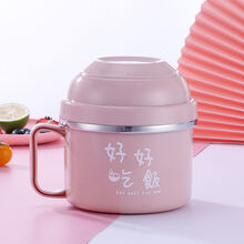 多色可选不锈钢快餐杯食堂便当盒学生宿舍泡面碗儿童双层防烫饭盒 少女粉 【拧紧款 带菜格】
