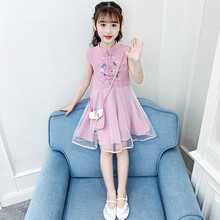 潮果娃女童连衣裙2021新款夏装儿童旗袍中国风公主裙小女孩夏款汉服裙子 粉红色 140