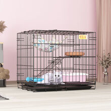 猫笼子猫别墅家用室内三层带厕所大自由空间猫咪猫窝猫舍猫屋 黑色折叠70*50*60双层 (套餐三)猫砂盆+猫砂铲+套餐二