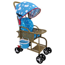 小儿推车竹藤折叠藤椅婴儿小推车可坐可躺轻便竹编藤编夏季藤推车 弯把可坐躺藤款蓝垫蓝棚蚊帐