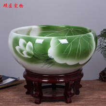 景德镇陶瓷鱼缸大号养鱼盆荷花缸乌龟缸碗莲睡莲盆客厅风水金鱼缸 绿荷中号直径32cm【六件套】