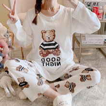 嫚批熙怀居家哺乳时光月子服夏薄款产后哺乳纯棉吸汗春秋喂奶产妇怀孕期孕妇睡衣 白色圆领小熊 M