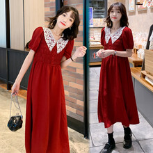 敏潮格伦潮妈孕妇装2021春夏装新款连衣裙高端时尚宽松法式气质雪纺长裙 酒红色 M