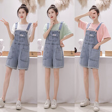 敏潮格伦孕妇装夏装2021背带裤薄款牛仔短裤套装+T恤两件套潮妈减龄 单背带牛仔短裤 L