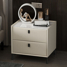 玛兰珊轻奢极简床头柜卧室全实木岩板床边柜现代简约整装置物柜北欧小户型皮艺床头柜收纳柜 米白色