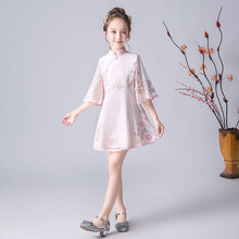 马樱红雨 儿童旗袍裙中国风女童小女孩宝宝复古古筝演出服连衣裙洋气春夏季 粉色【柔软舒适】 160码/建议身高155厘米左右