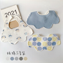 戴米安婴儿口水巾纯棉新生儿花瓣型女宝宝男宝围嘴防水可爱韩版夏季薄款 【3条防水】笑脸蓝条 防水3条装