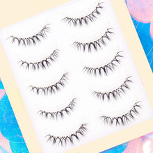 新款w-7 假睫毛自然自粘仿真浓密半截眼尾嫁接效果深夜H 一盒5对装+胶+镊+剪+睫毛夹 16.5*11.2*2.3