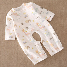 婴儿连体衣服夏季 新生儿纯棉纱布薄款长袖哈衣 宝宝空调服睡衣 白色小鹿(开裆款) 73cm