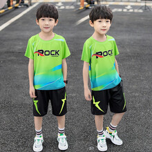 浣莎2021夏季男童运动套装男短袖宽松足球训练服健身休闲薄款大码篮球羽毛球跑步服户外运动服 绿色 120【建议身高110左右穿】