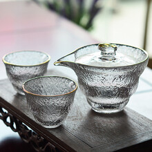 日式公道杯玻璃锤纹盖碗日本茶具套装号大容量功夫茶具配件泡茶器 金边盖碗+2只茗品杯