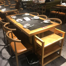 大理石火锅桌椅组合煤气灶电磁炉下沉式一体全实木柜式火锅桌 实木菜架