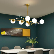 蓝阅 轻奢餐厅吊灯北欧简约后现代饭厅吧台灯咖啡厅奶茶店长方形餐桌灯2021年新款客厅灯 6头金色奶白罩+94CM+E27-9W灯泡 三色光