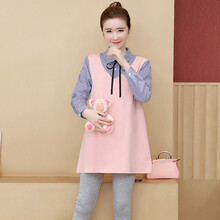 孕妇秋装t恤2021新款女潮妈怀孕上衣服宽松连衣裙春秋款时尚套装 粉色上衣(长袖) M