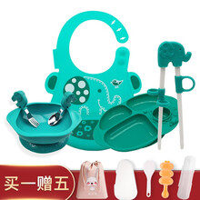 MARCUS&MARCUS marcus马库斯宝宝防水硅胶围兜 婴儿围嘴口水巾罩衣 可调节 (围兜+学习筷+餐盘+勺叉碗)绿色