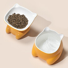 伴笛 猫碗陶瓷双碗猫粮碗高脚斜口碗护颈防打翻水碗猫食盆猫食碗猫咪用品 橙色-乖乖碗(浅碗)+萌萌碗(深碗)